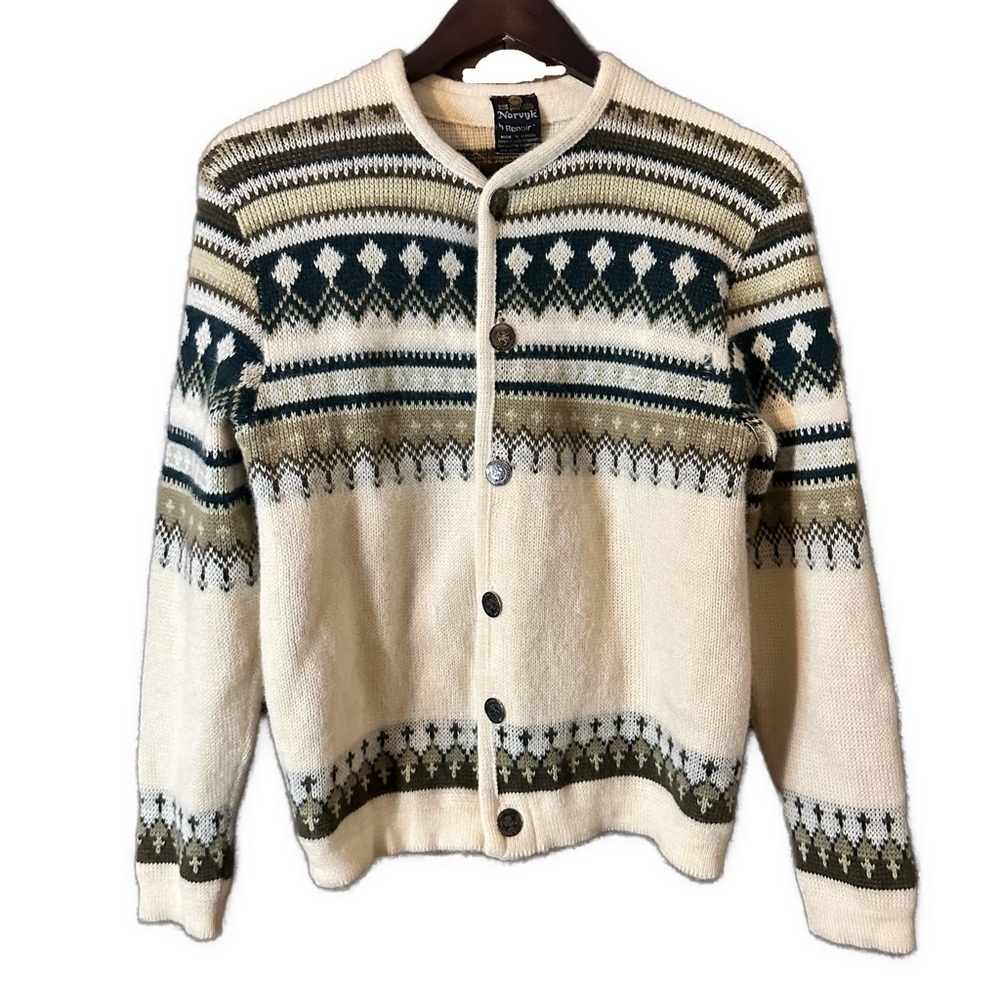 Vintage 60s Norvyk by Renoir Men's Wool Sweater Cream Tan Made in Canada Sz M